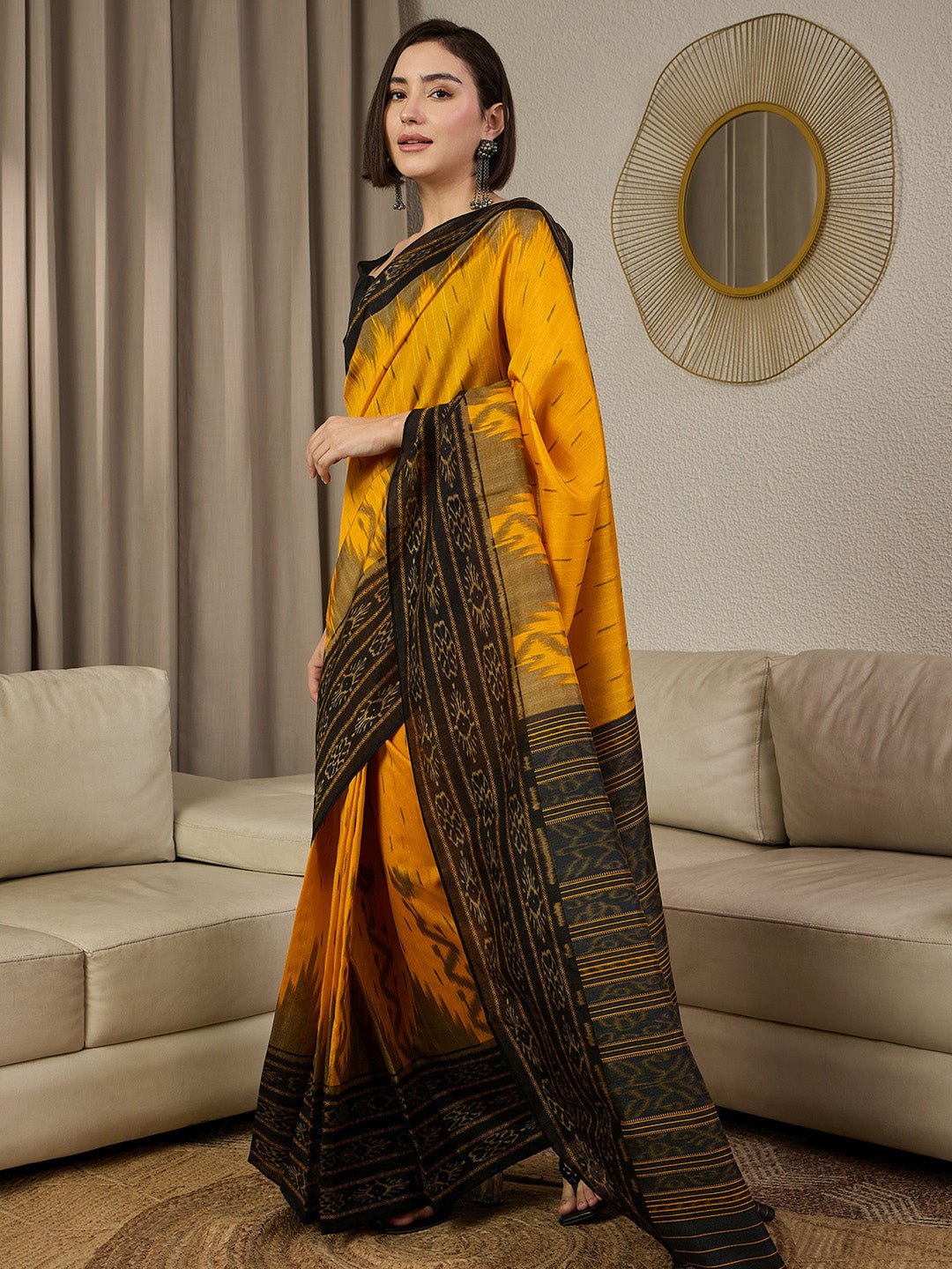 Mustard Yellow Bhagalpuri Ikkat Printed Saree - Ressa