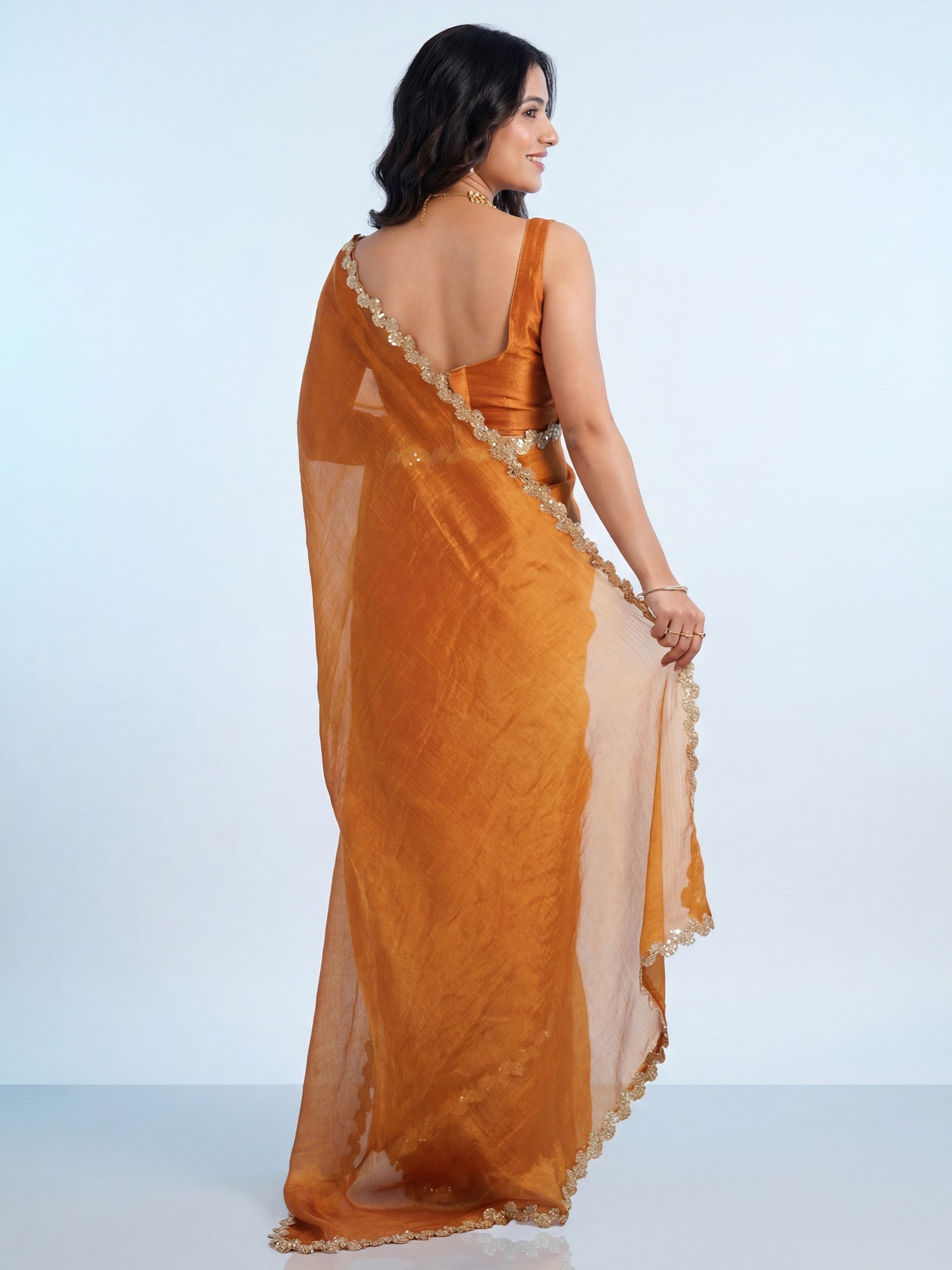 Mustard Yellow Chiffon Gota Patti Scalloped Border - Ressa