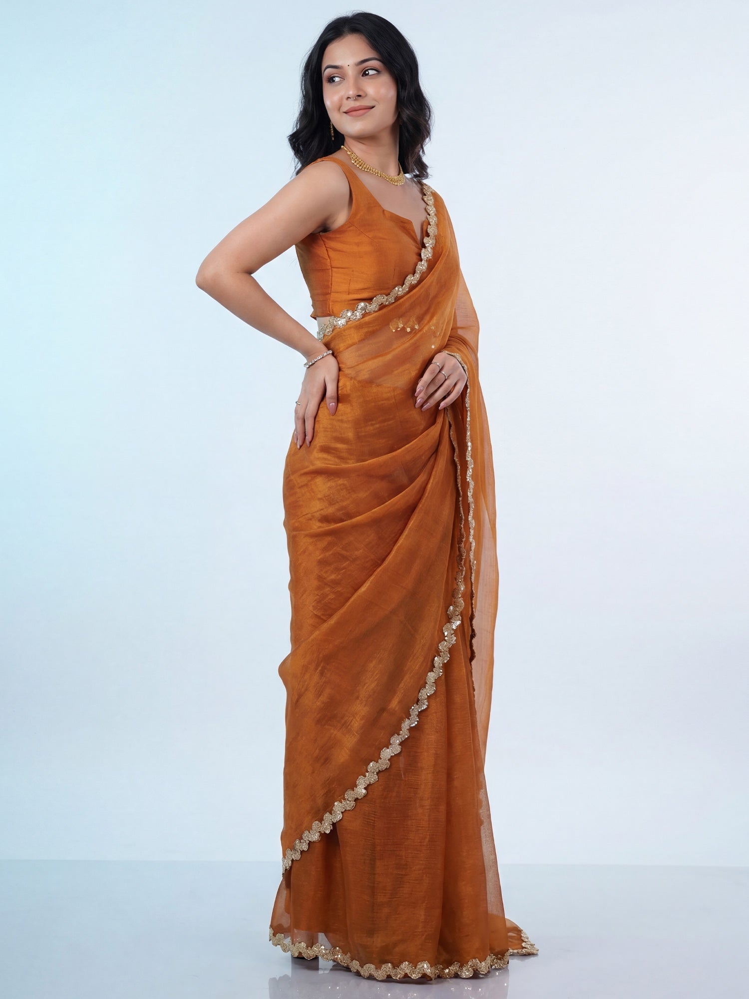Mustard Yellow Chiffon Gota Patti Scalloped Border - Ressa