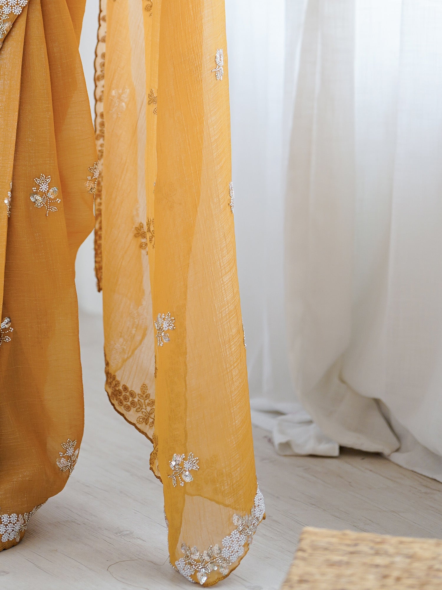 Mustard Yellow Chiffon Satin Embroidered Saree - Ressa
