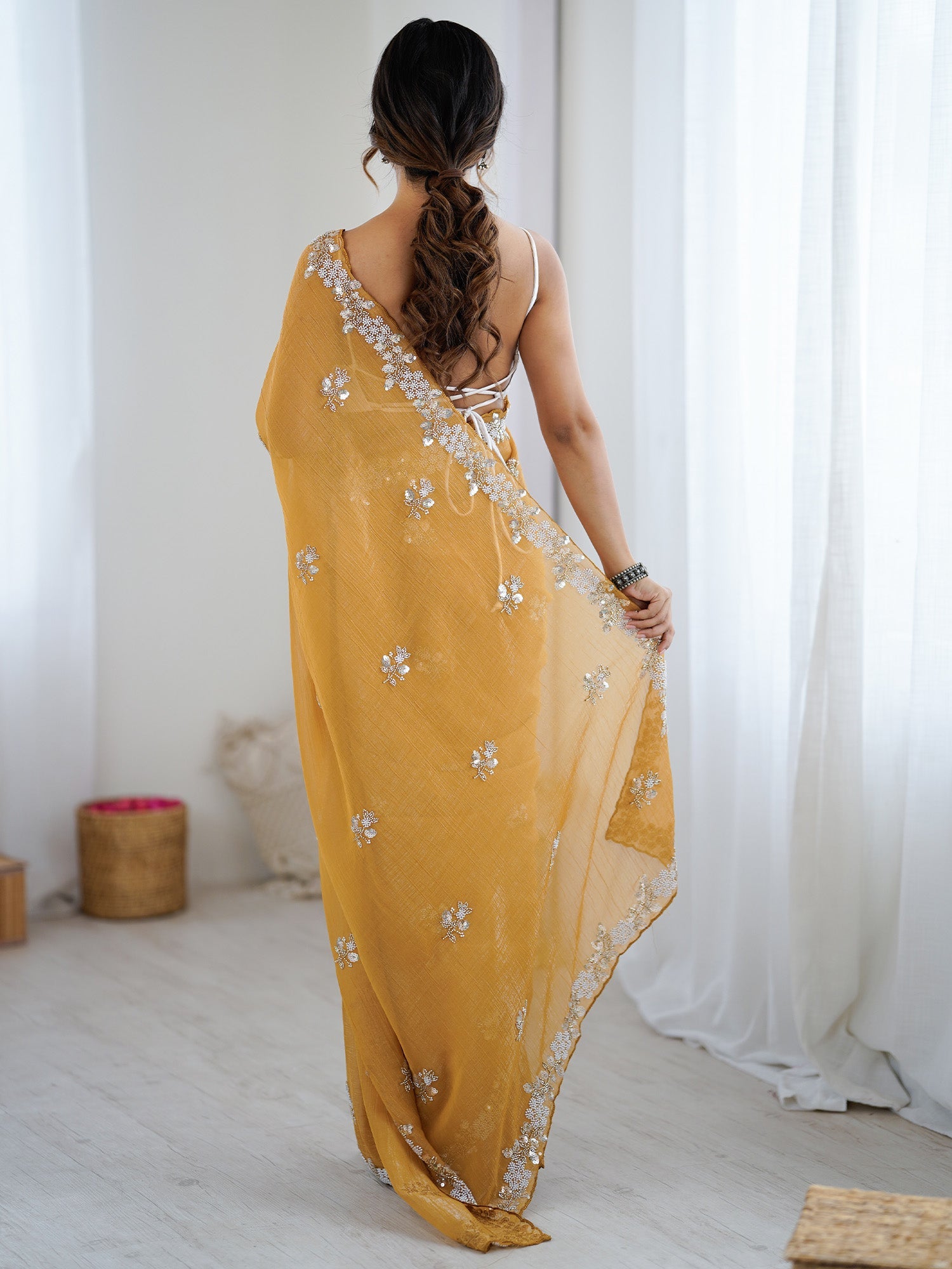 Mustard Yellow Chiffon Satin Embroidered Saree - Ressa