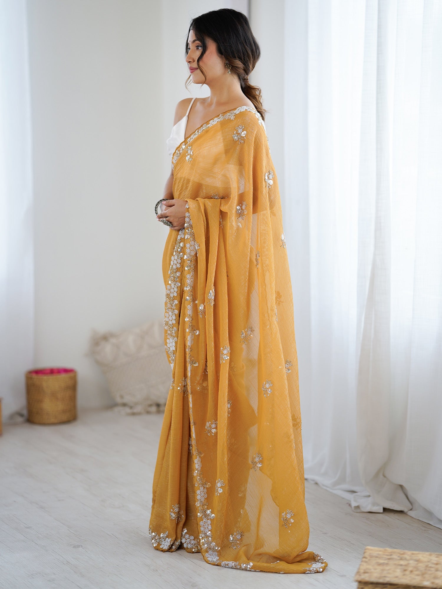 Mustard Yellow Chiffon Satin Embroidered Saree - Ressa
