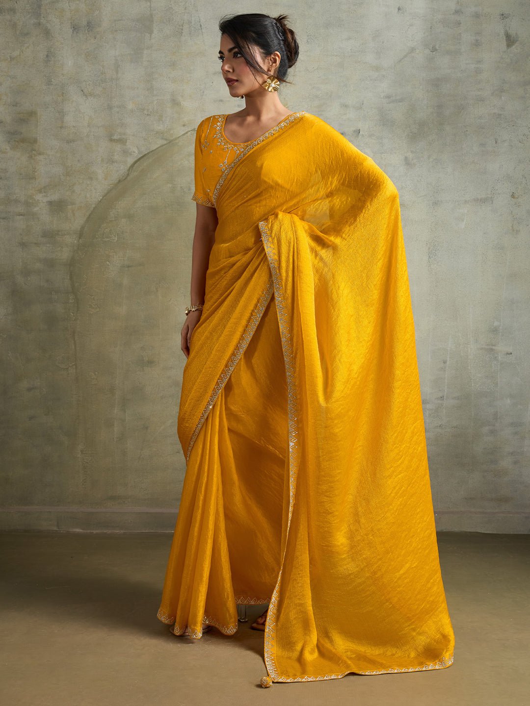 Mustard Yellow Chiffon Solid Textured Saree - Ressa