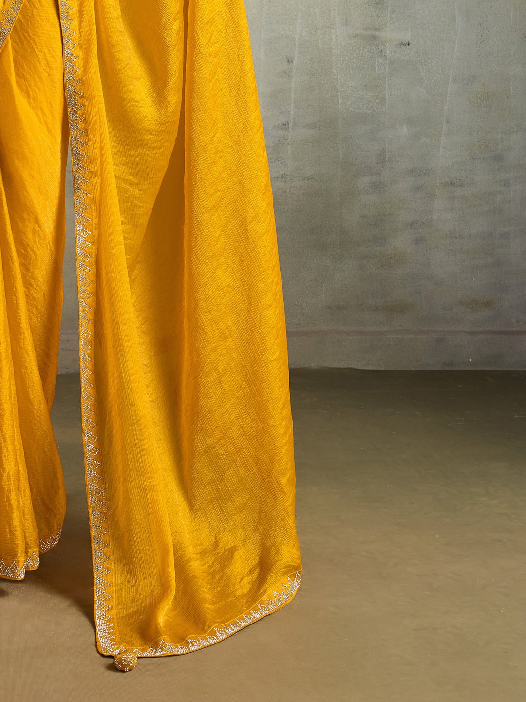 Mustard Yellow Chiffon Solid Textured Saree - Ressa