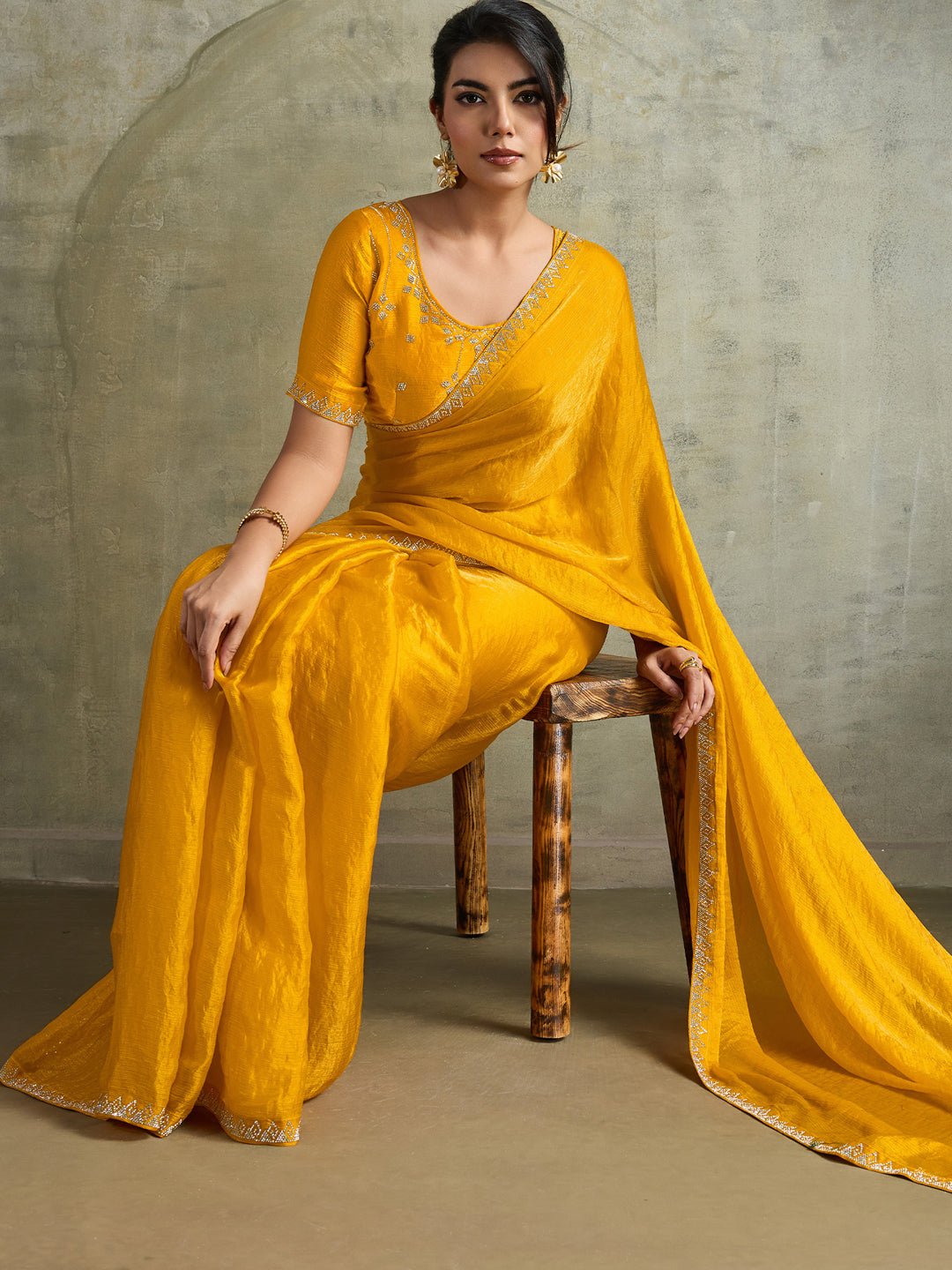 Mustard Yellow Chiffon Solid Textured Saree - Ressa