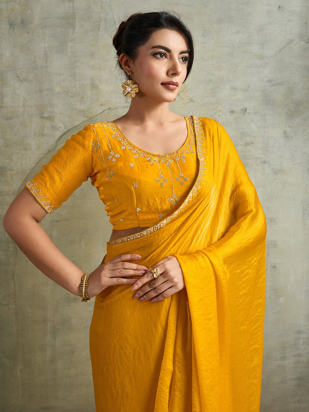 Mustard Yellow Chiffon Solid Textured Saree - Ressa