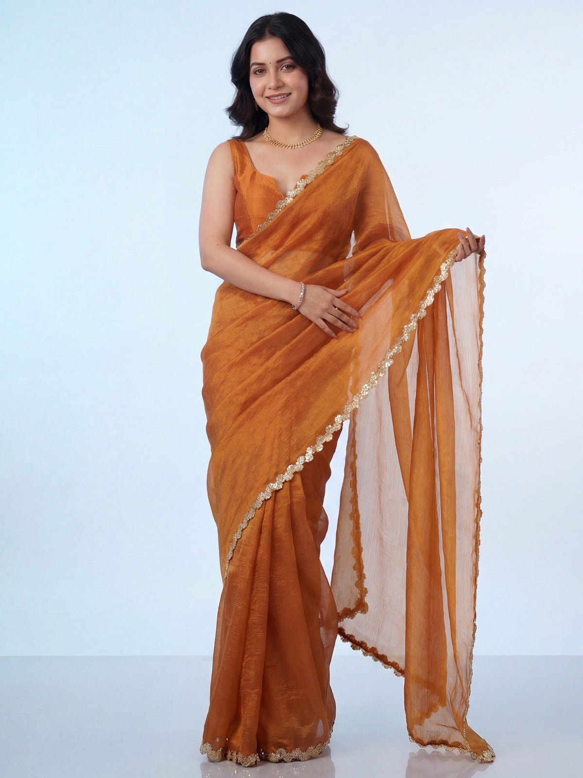 Mustard Yellow Chiffon with Gold Floral Lace Border - Ressa