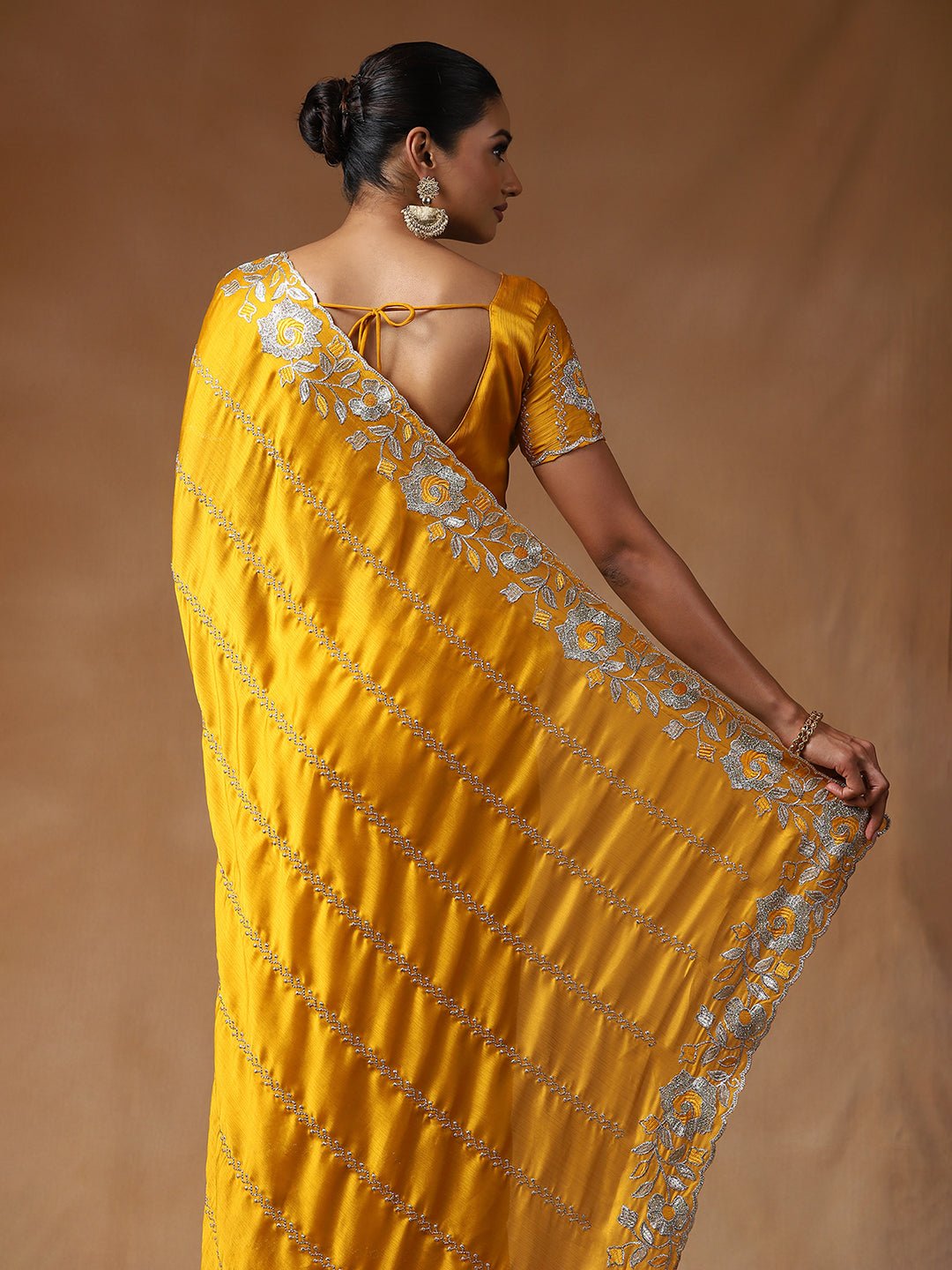 Mustard Yellow Chiffon With Silver Gota Patti Work Saree - Ressa
