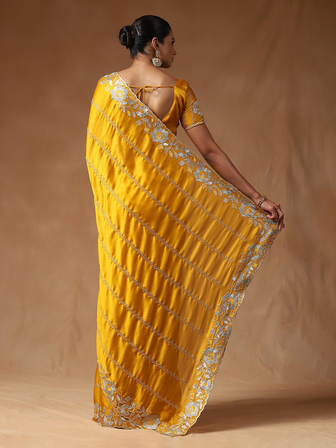 Mustard Yellow Chiffon With Silver Gota Patti Work Saree - Ressa