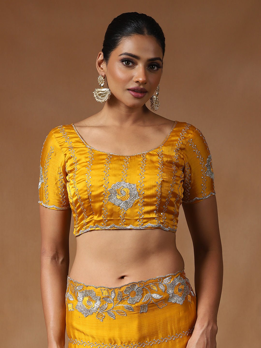 Mustard Yellow Chiffon With Silver Gota Patti Work Saree - Ressa