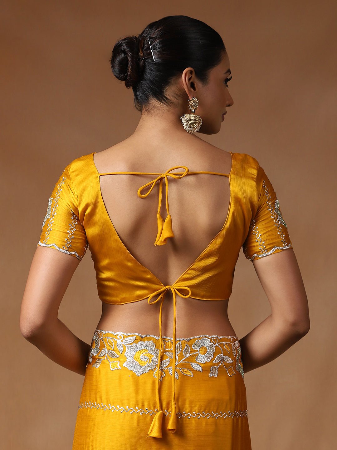 Mustard Yellow Chiffon With Silver Gota Patti Work Saree - Ressa