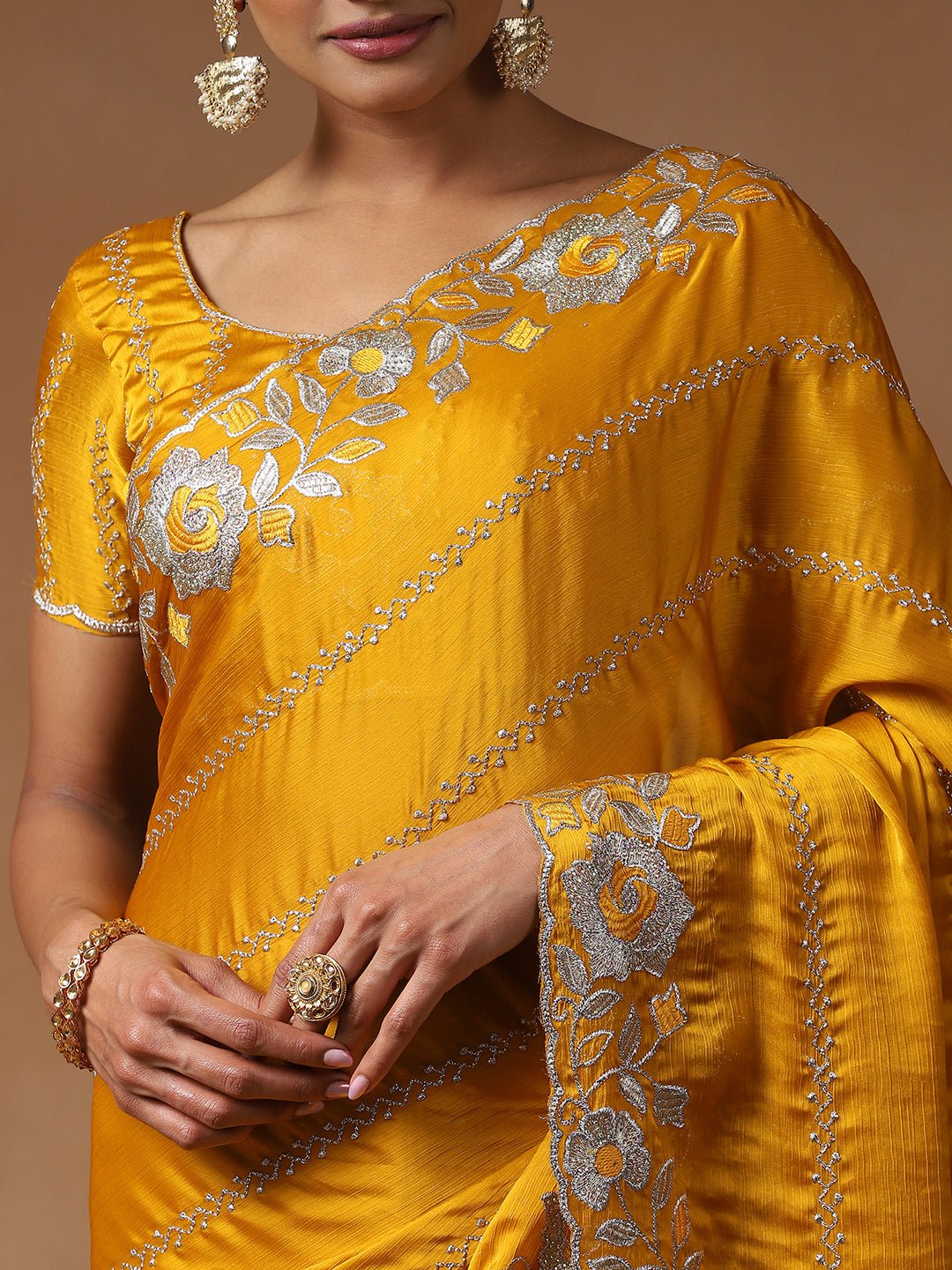 Mustard Yellow Chiffon With Silver Gota Patti Work Saree - Ressa