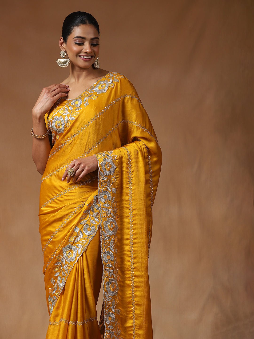 Mustard Yellow Chiffon With Silver Gota Patti Work Saree - Ressa