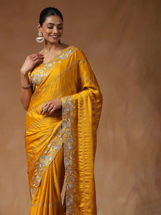 Mustard Yellow Chiffon With Silver Gota Patti Work Saree