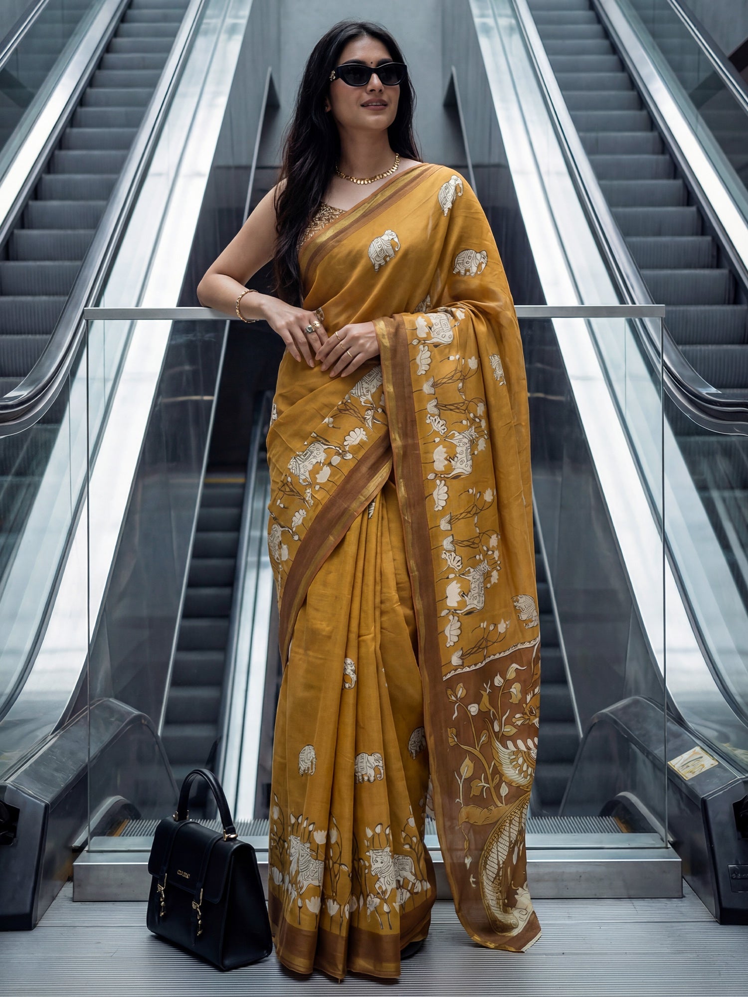 Mustard Yellow Cotton Blend Saree - Ressa