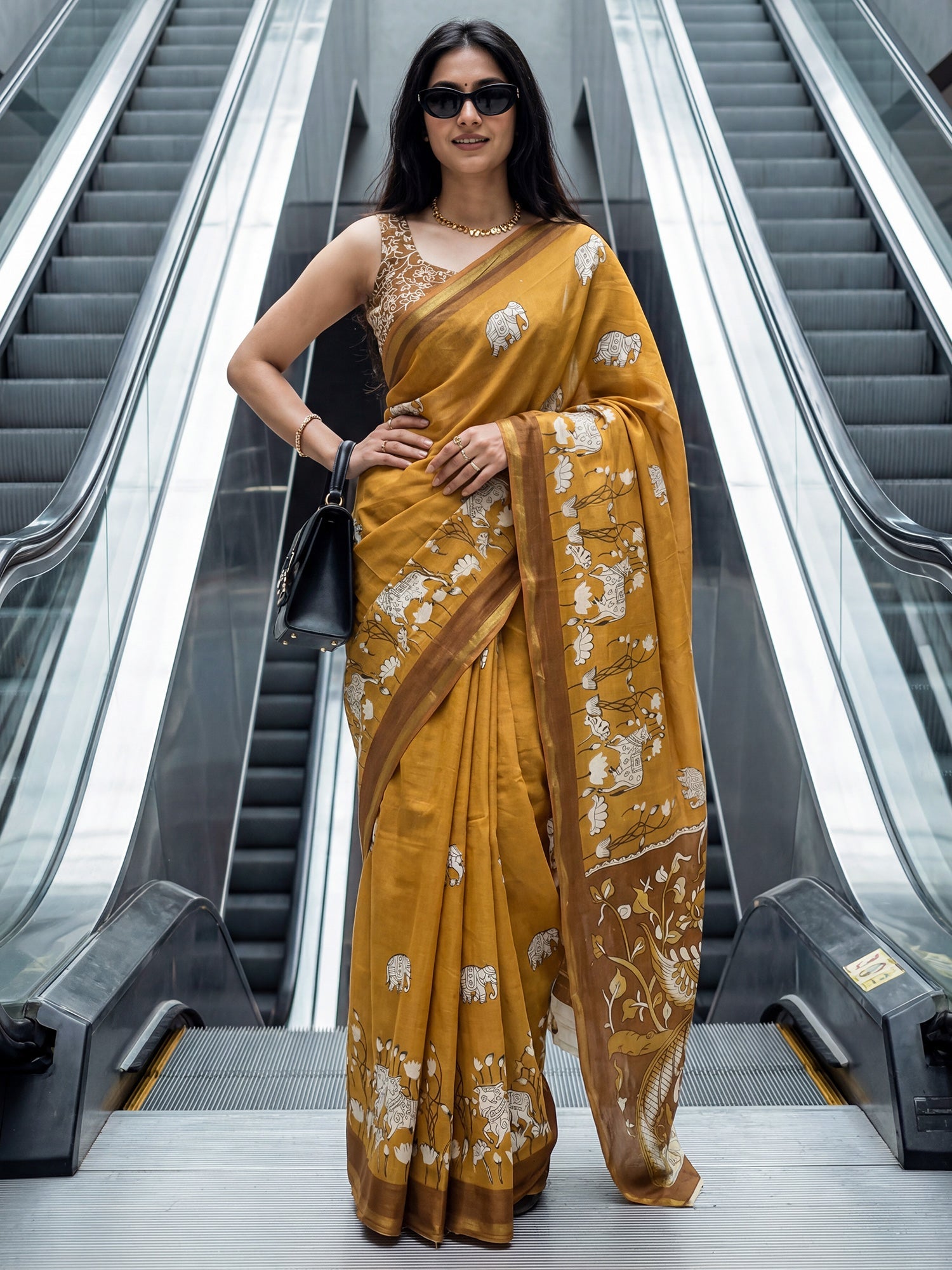 Mustard Yellow Cotton Blend Saree - Ressa