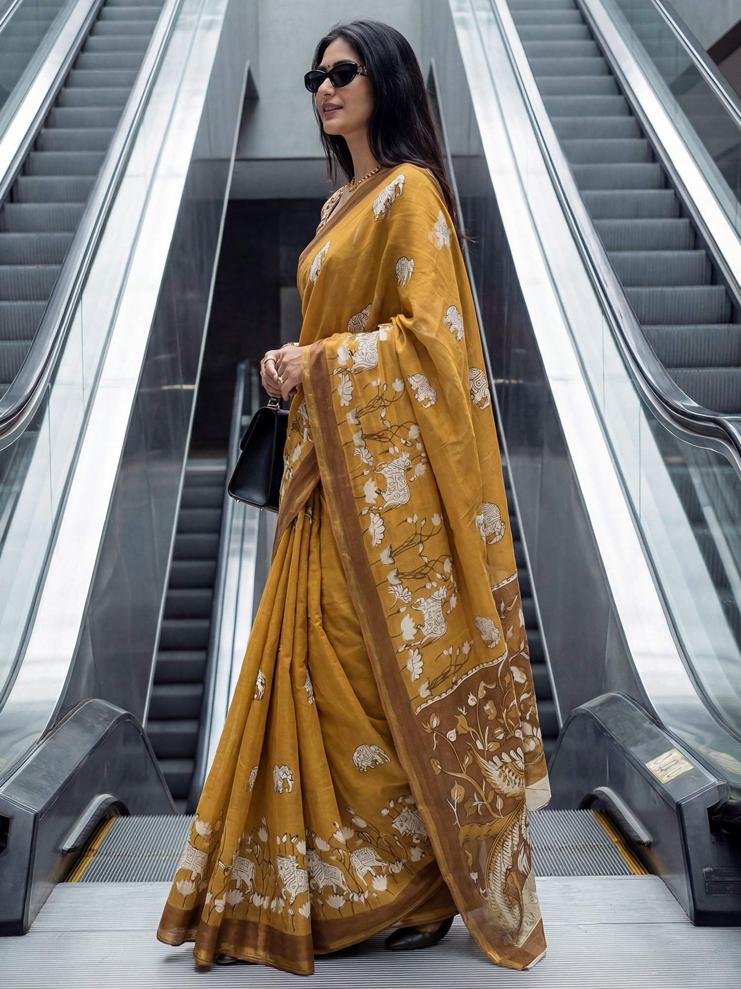 Mustard Yellow Cotton Blend Saree - Ressa