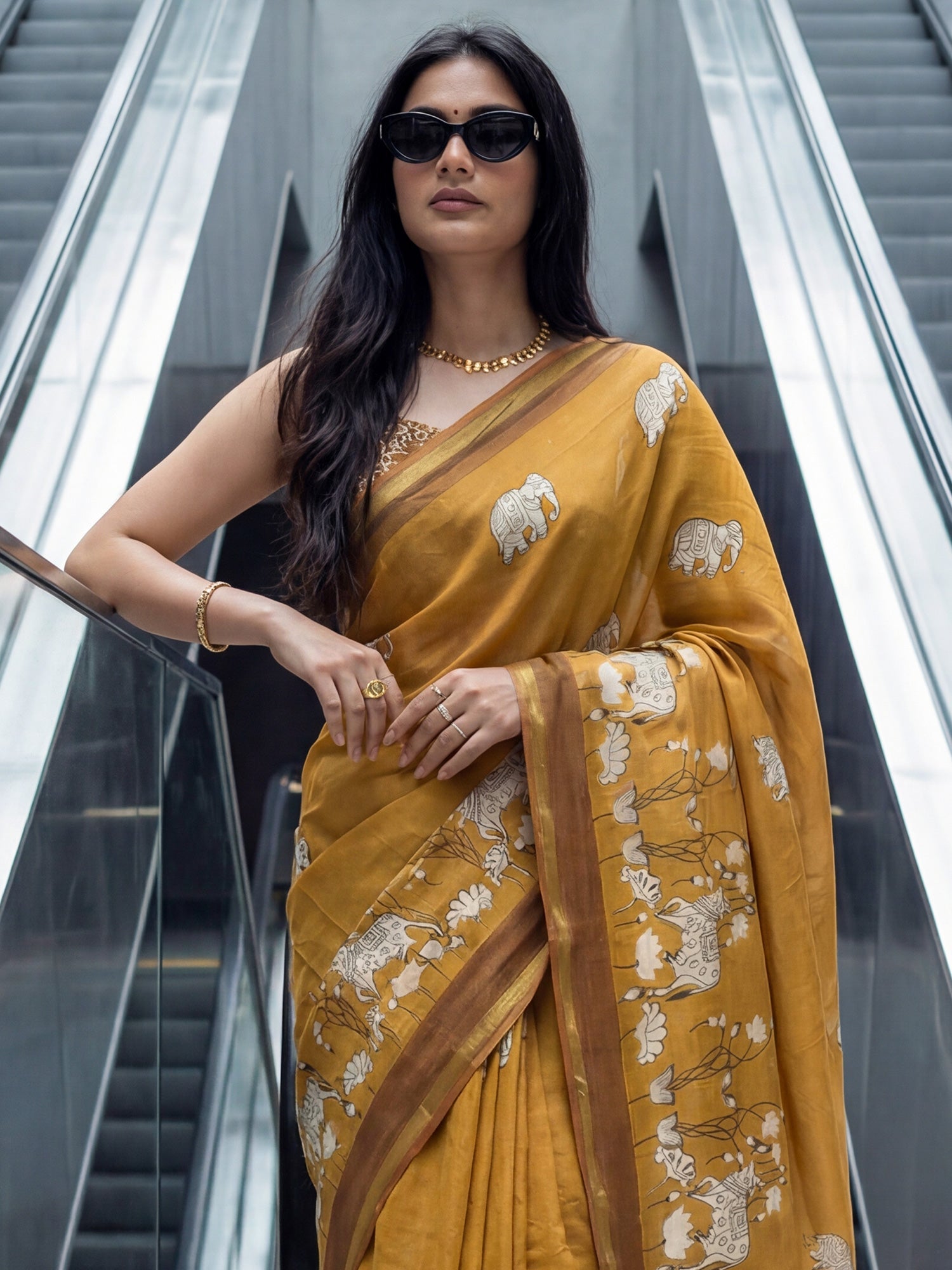Mustard Yellow Cotton Blend Saree - Ressa