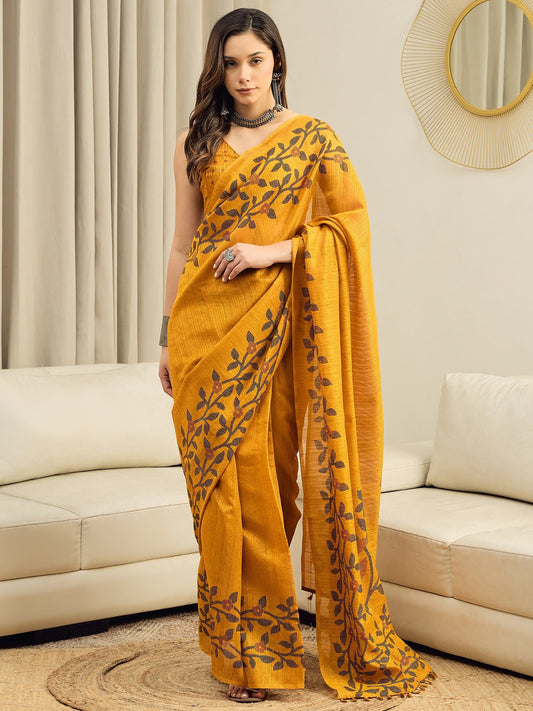 Mustard Yellow Cotton Slub Saree - Ressa