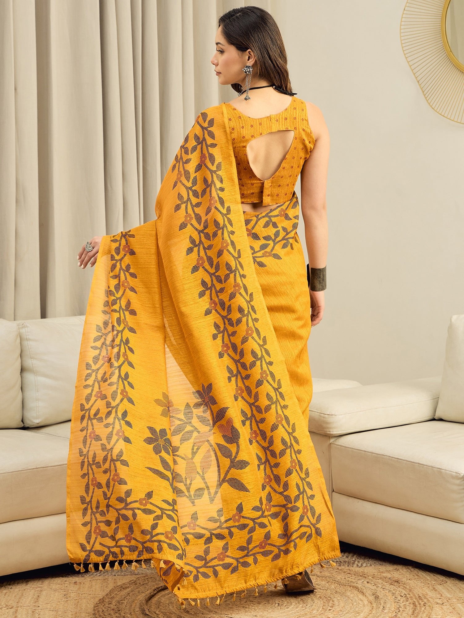 Mustard Yellow Cotton Slub Saree - Ressa