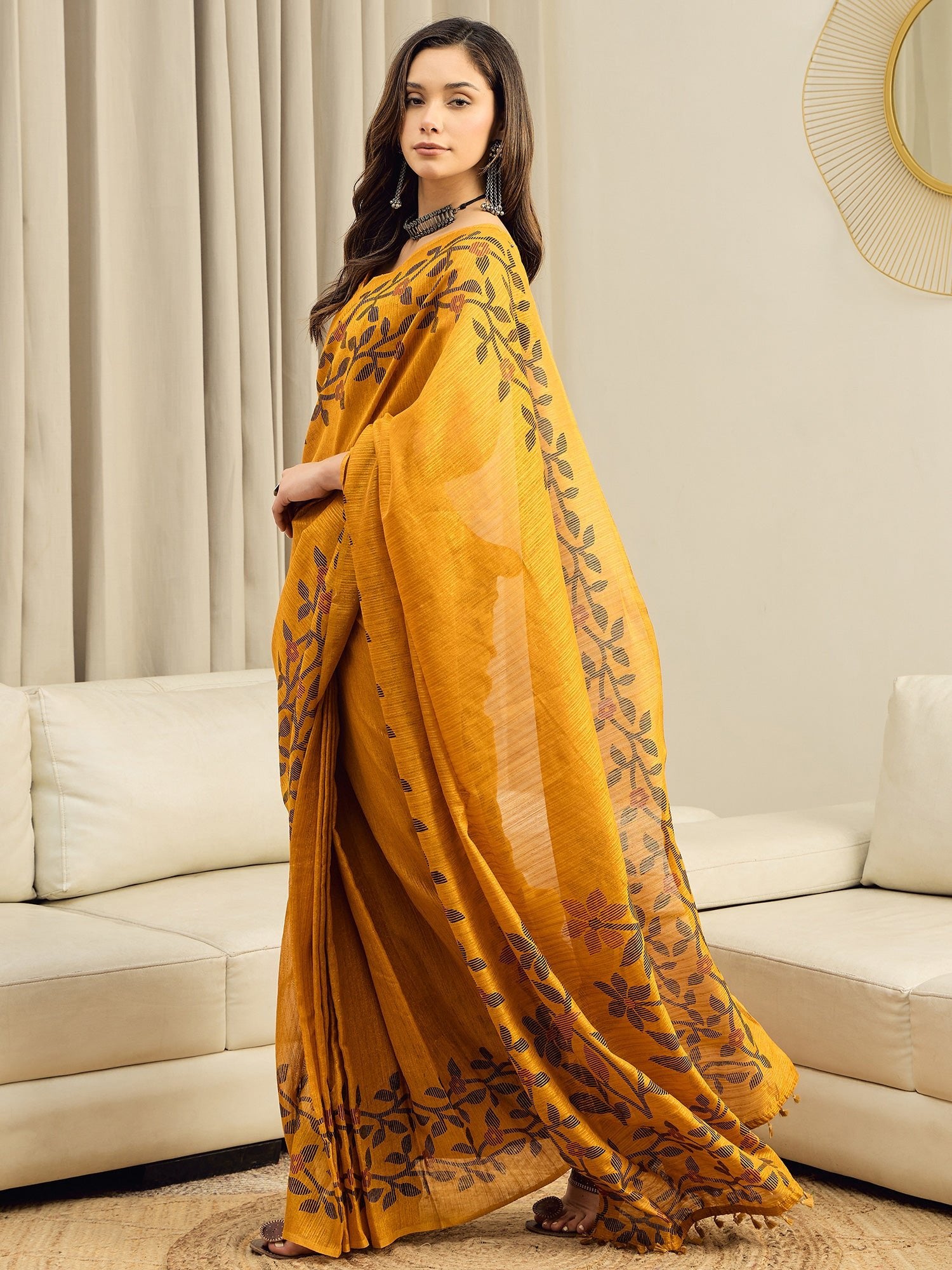 Mustard Yellow Cotton Slub Saree - Ressa
