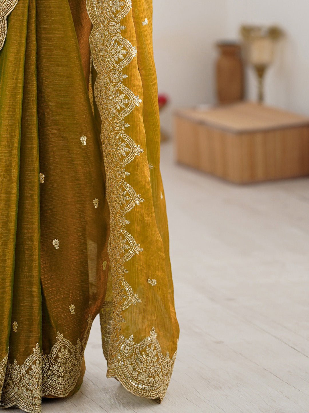 Mustard Yellow Embroidered Border Chiffon Saree - Ressa
