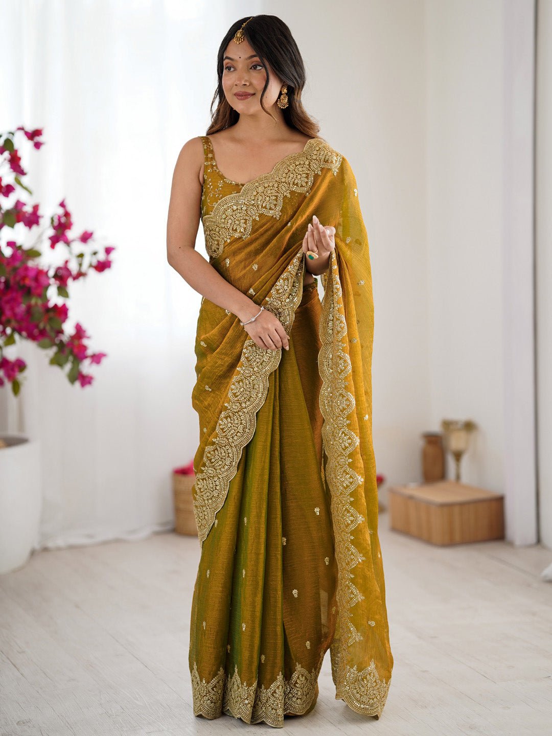 Mustard Yellow Embroidered Border Chiffon Saree - Ressa