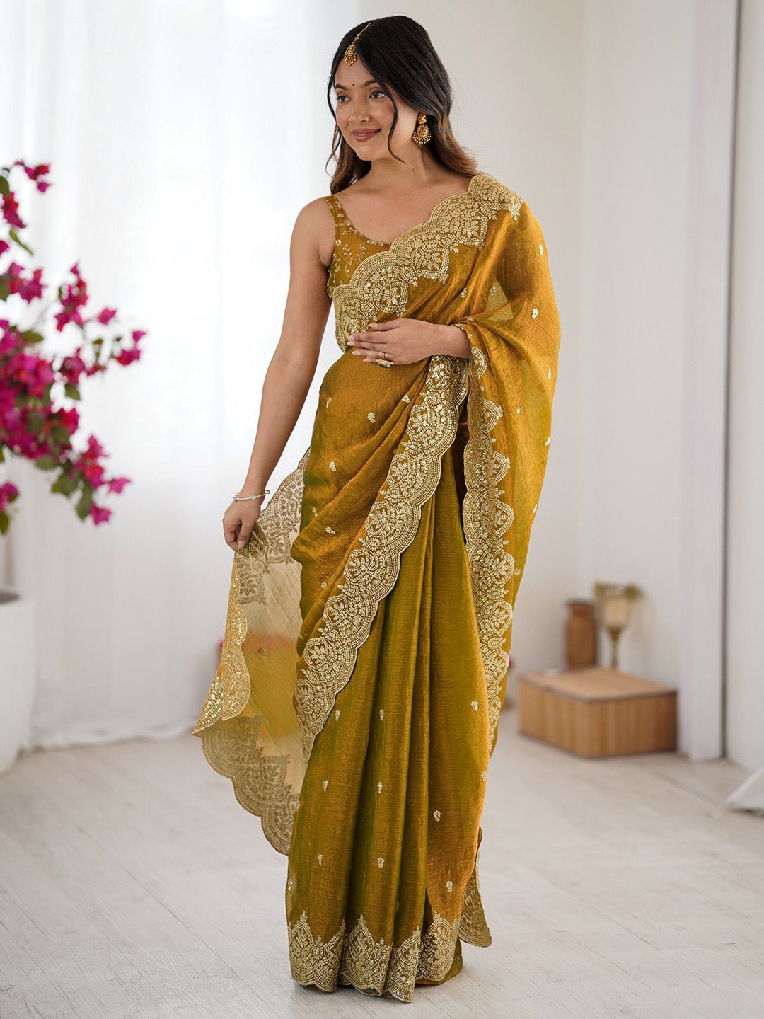 Mustard Yellow Embroidered Border Chiffon Saree - Ressa