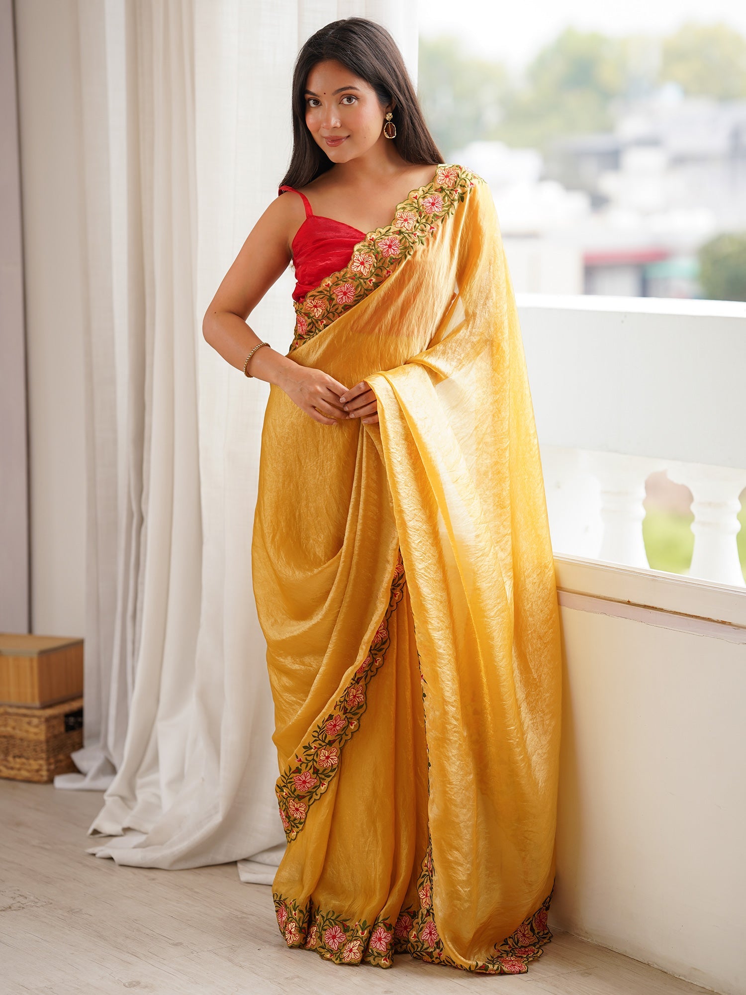 Mustard Yellow Embroidered Saree - Ressa