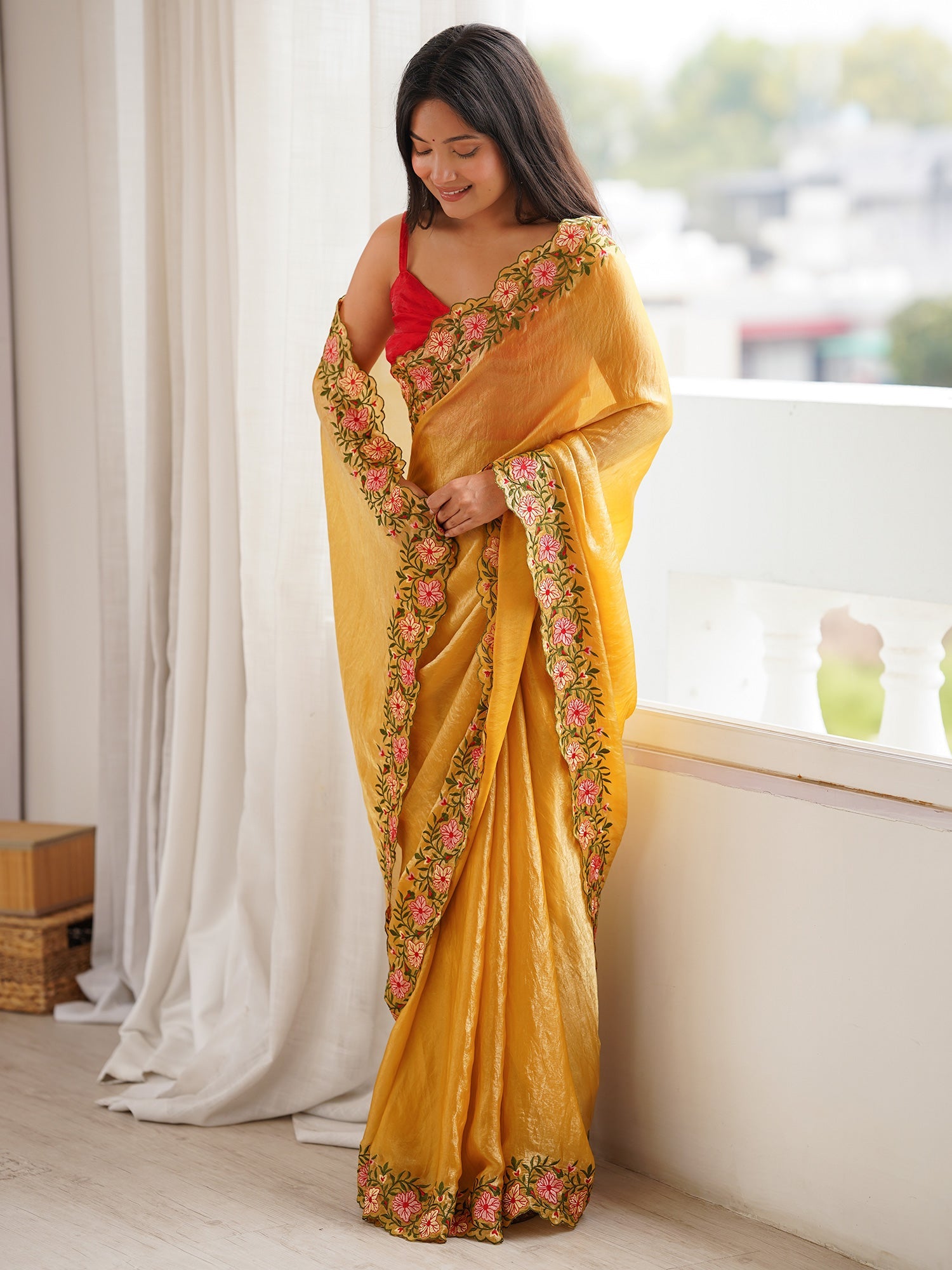Mustard Yellow Embroidered Saree - Ressa