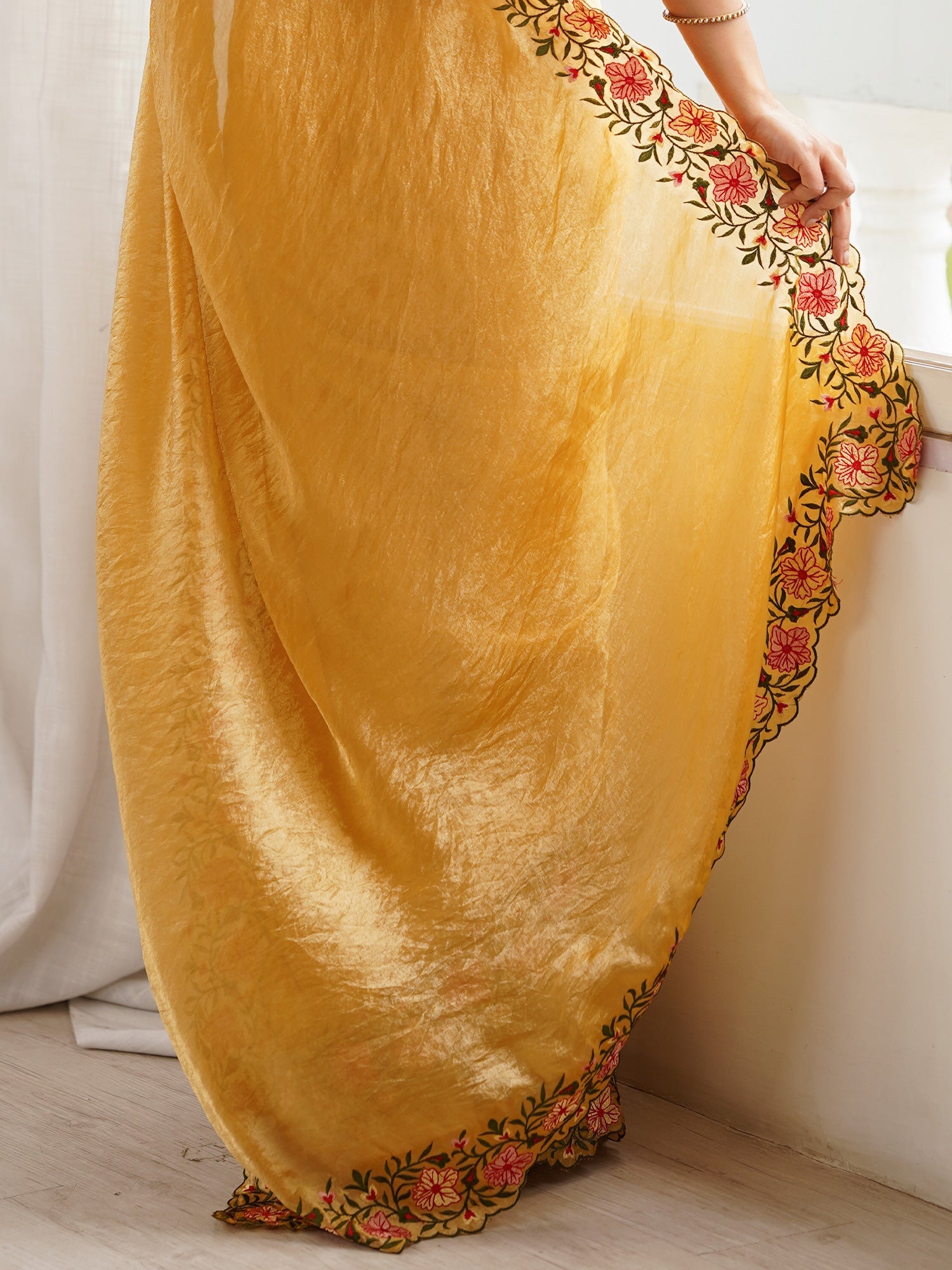 Mustard Yellow Embroidered Saree - Ressa