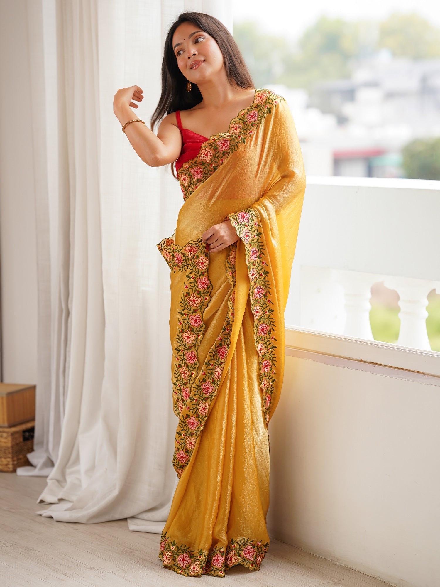 Mustard Yellow Embroidered Saree - Ressa