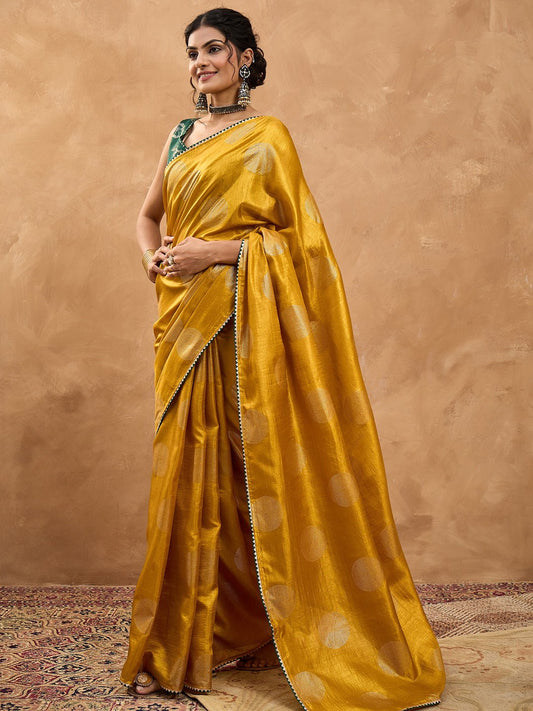 Mustard Yellow Foil Printed Silk Saree - Ressa