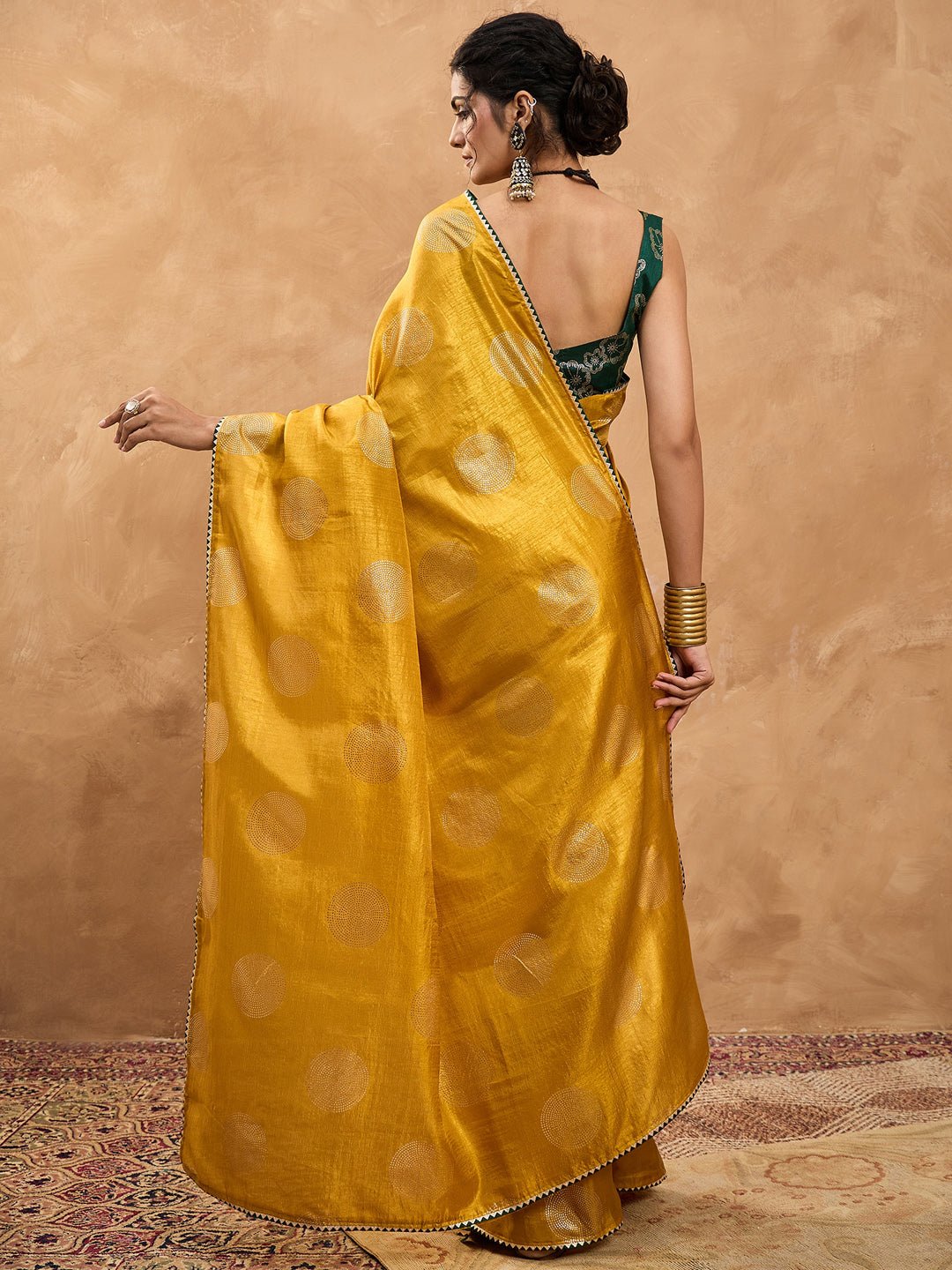 Mustard Yellow Foil Printed Silk Saree - Ressa