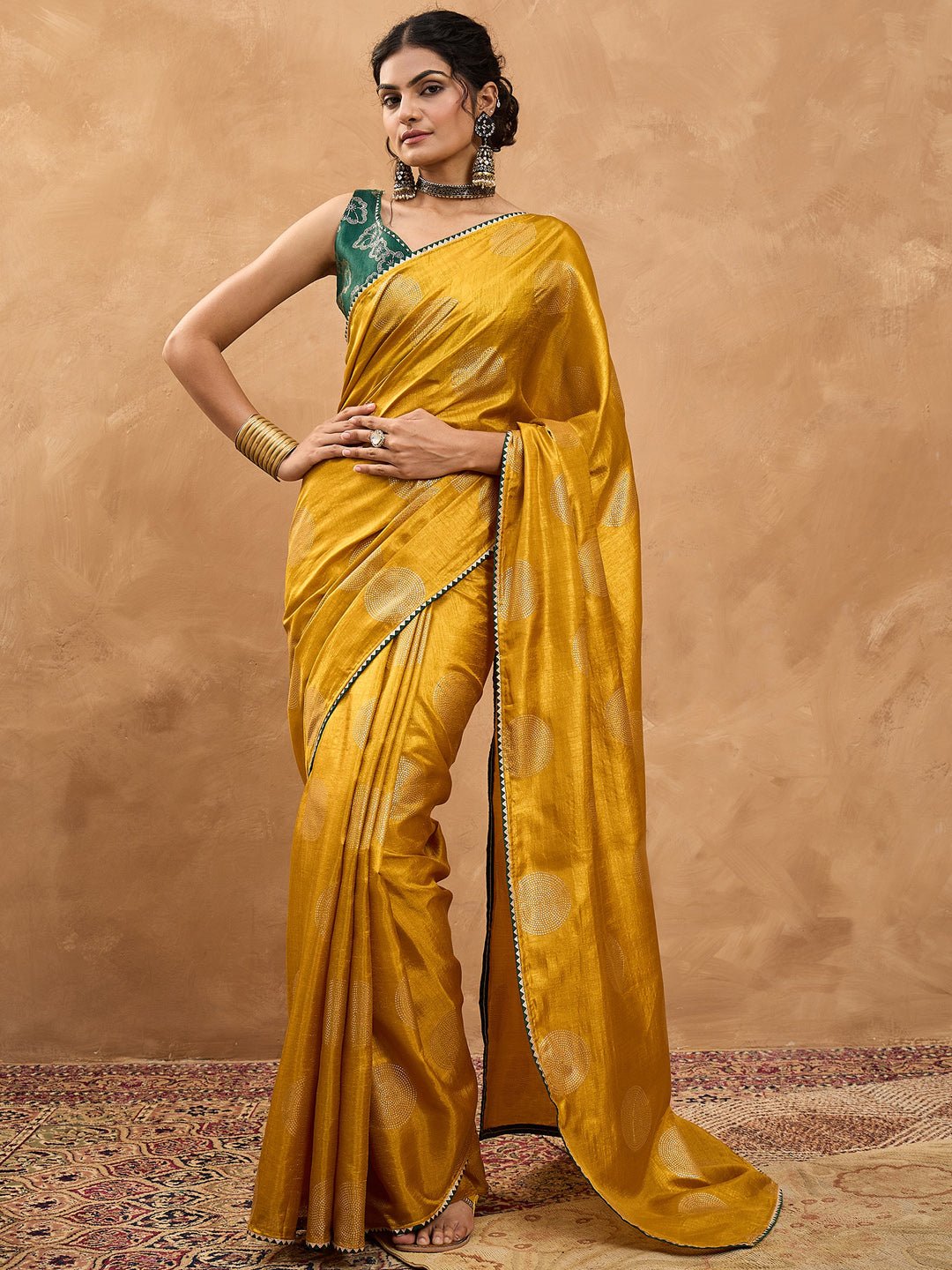 Mustard Yellow Foil Printed Silk Saree - Ressa