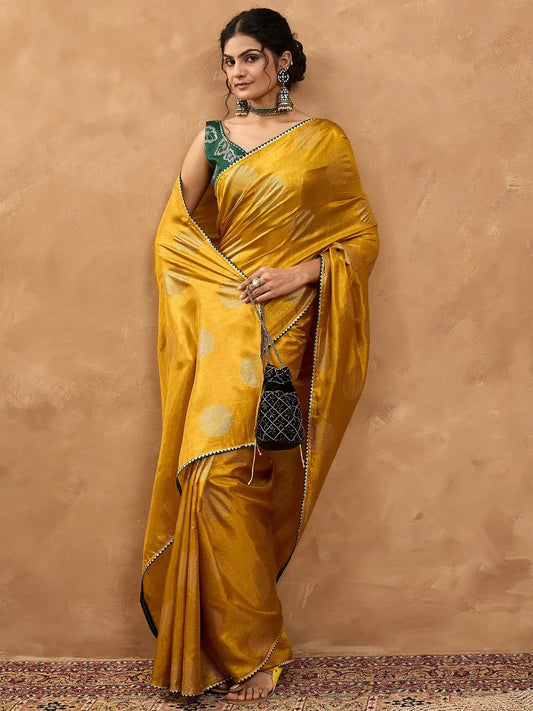 Mustard Yellow Foil Printed Silk Saree