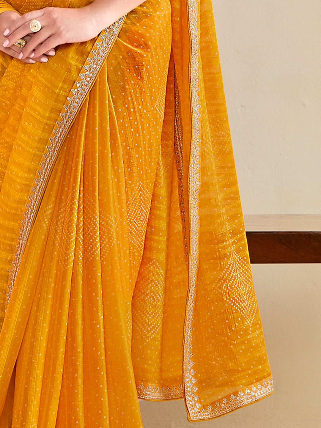 Mustard Yellow Georgette Bandhani Print Saree - Ressa