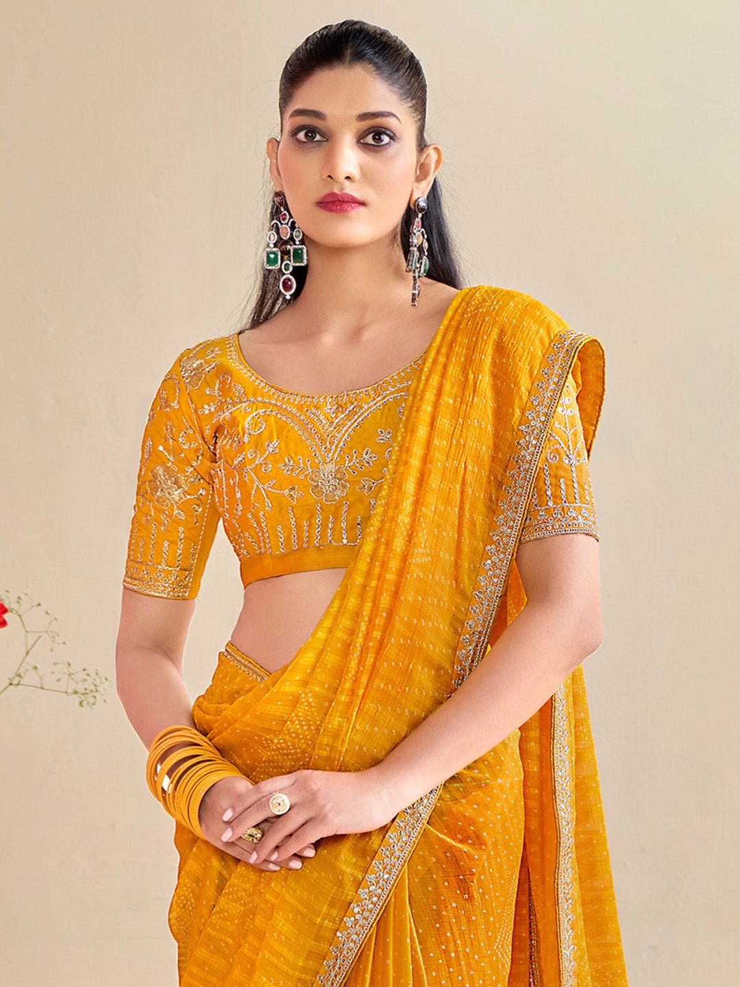Mustard Yellow Georgette Bandhani Print Saree - Ressa