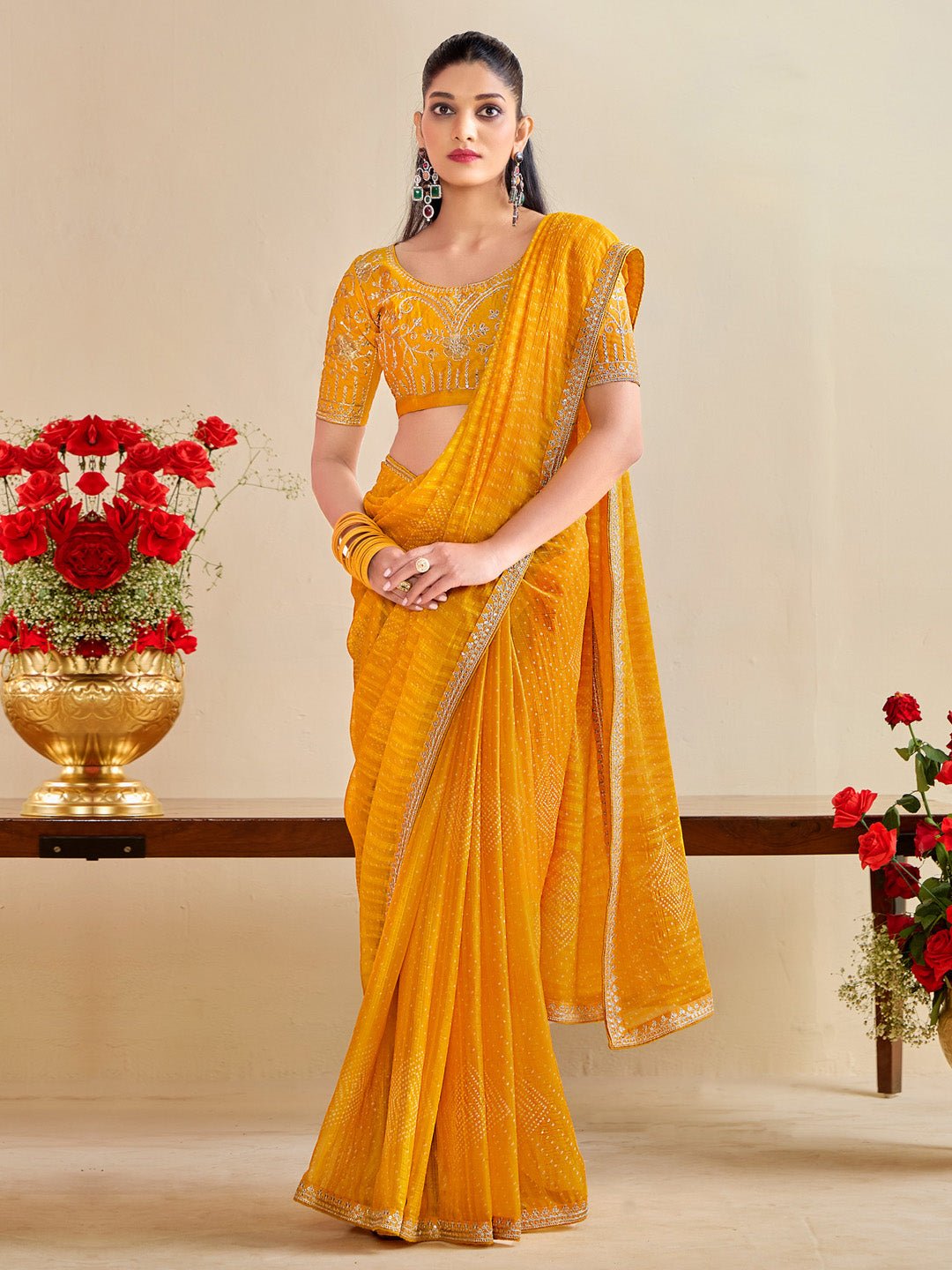 Mustard Yellow Georgette Bandhani Print Saree - Ressa