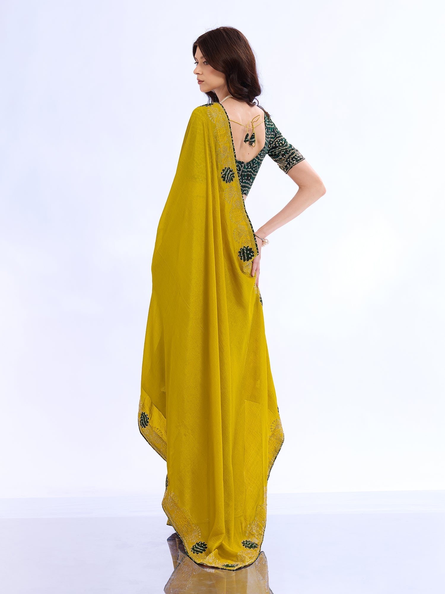 Mustard Yellow Georgette Saree with Bandhani Blouse - Ressa