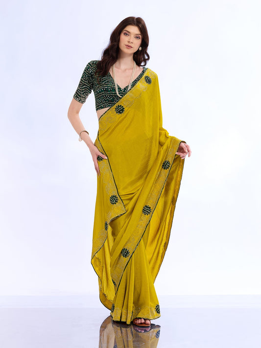 Mustard Yellow Georgette Saree with Bandhani Blouse - Ressa