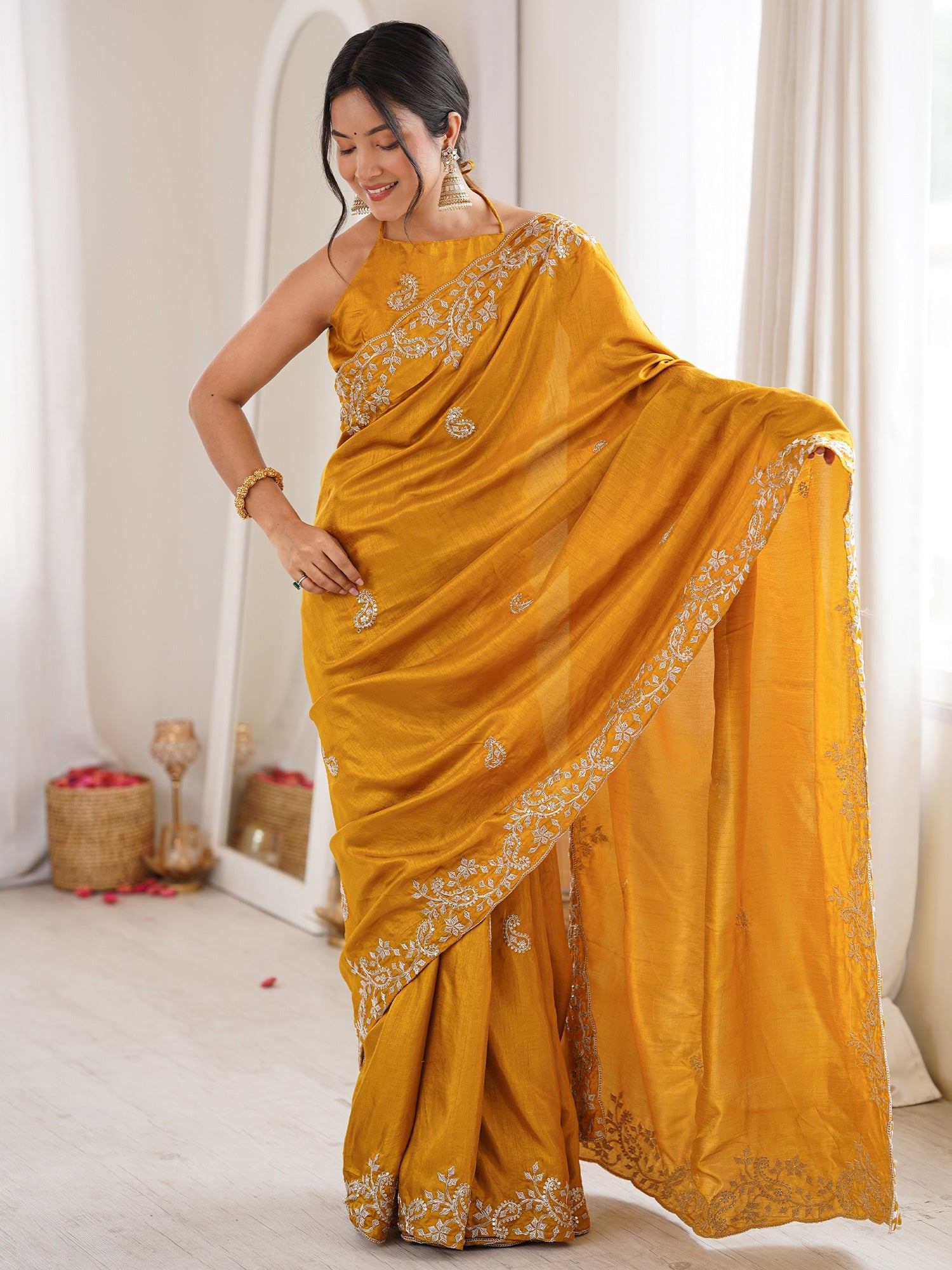 Mustard Yellow Georgette Saree with Scalloped Embroidery - Ressa