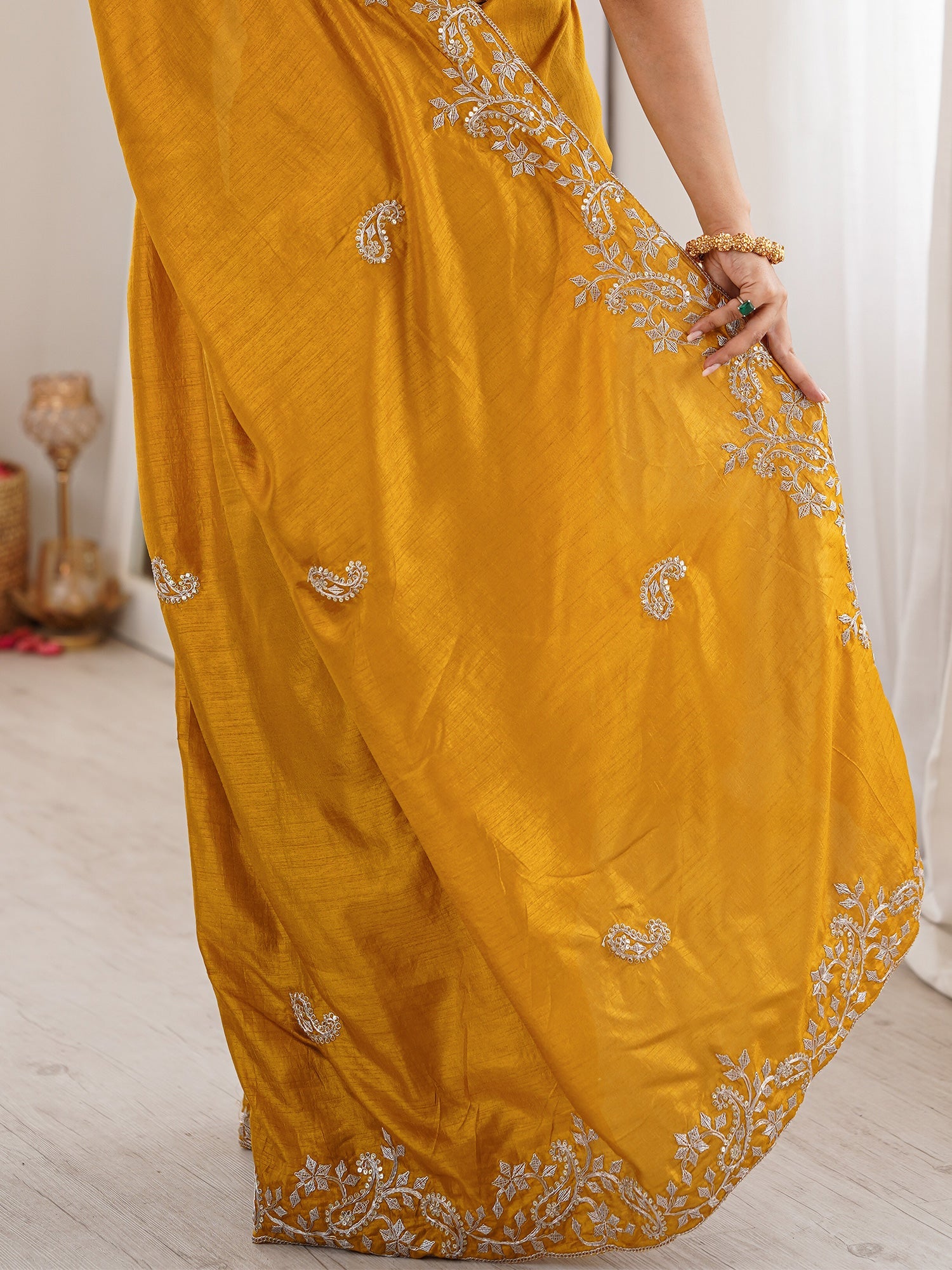Mustard Yellow Georgette Saree with Scalloped Embroidery - Ressa