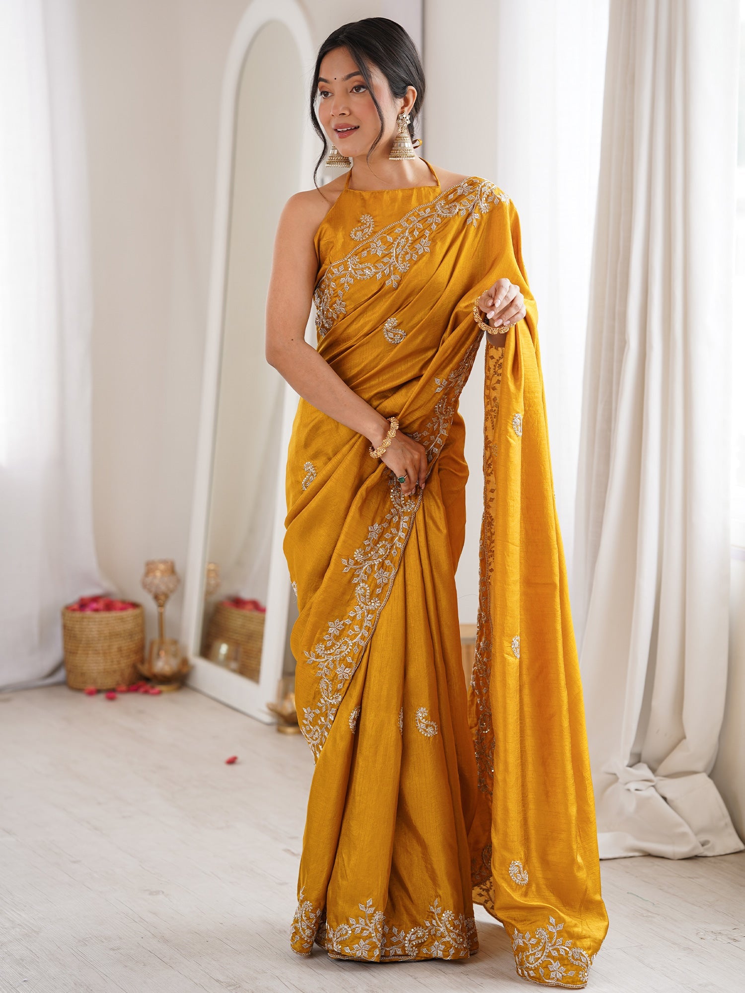 Mustard Yellow Georgette Saree with Scalloped Embroidery - Ressa