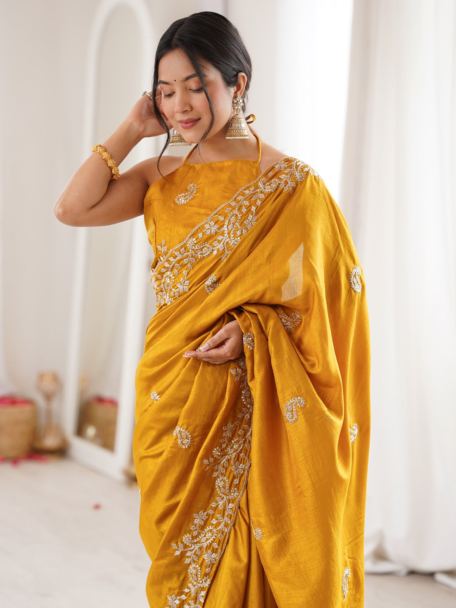 Mustard Yellow Georgette Saree with Scalloped Embroidery - Ressa