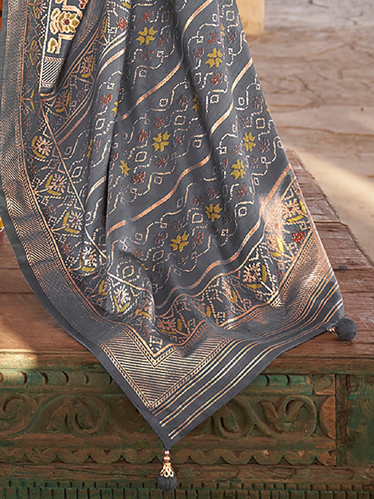 Mustard Yellow Grey Silk Blend Patola Inspired Weaving Zari Border Blouse Saree - Ressa