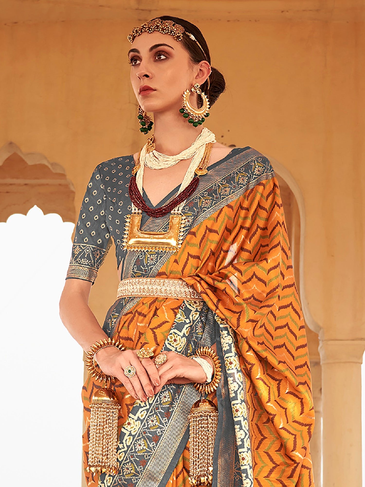 Mustard Yellow Grey Silk Blend Patola Inspired Weaving Zari Border Blouse Saree - Ressa