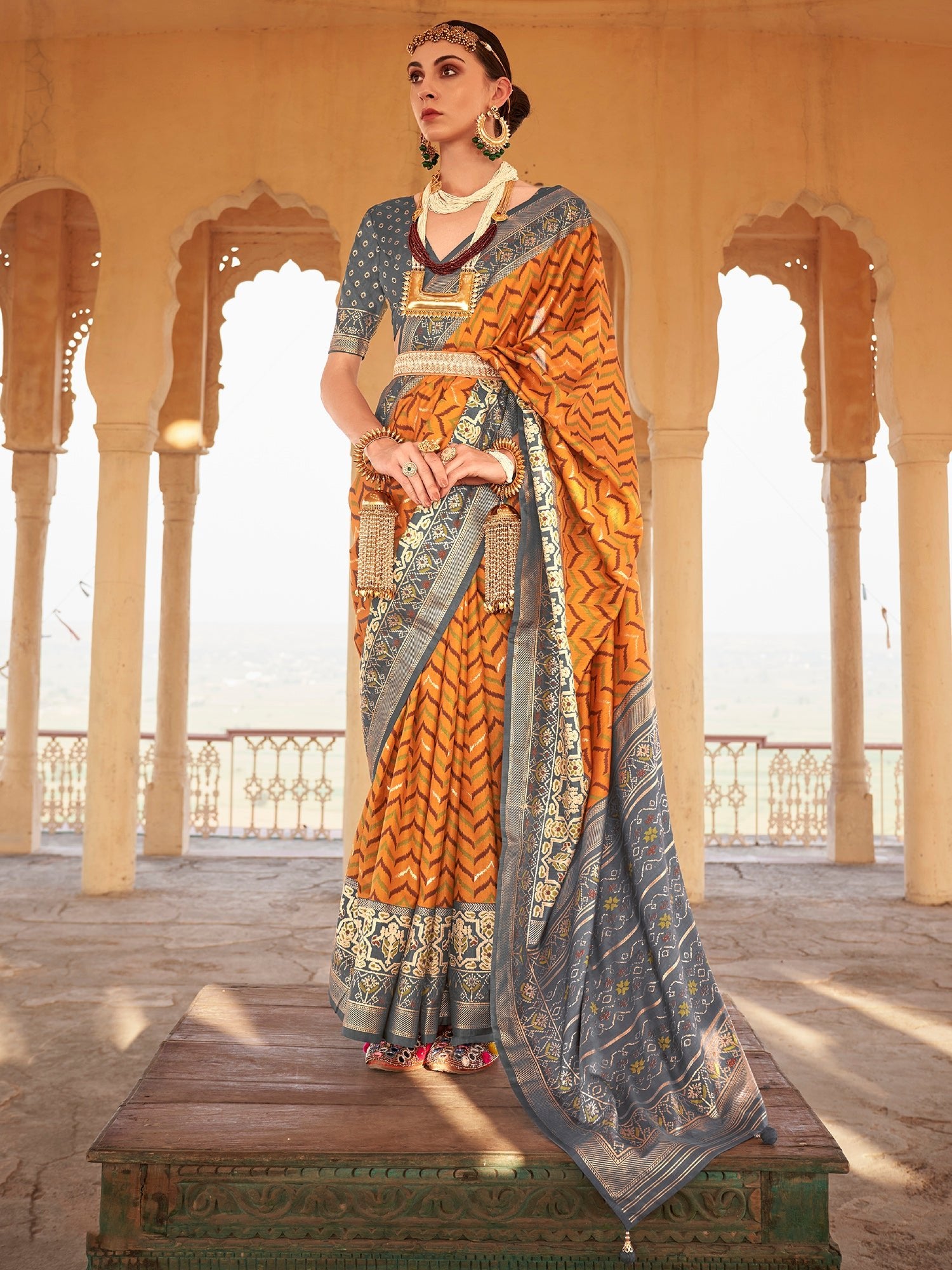 Mustard Yellow Grey Silk Blend Patola Inspired Weaving Zari Border Blouse Saree - Ressa