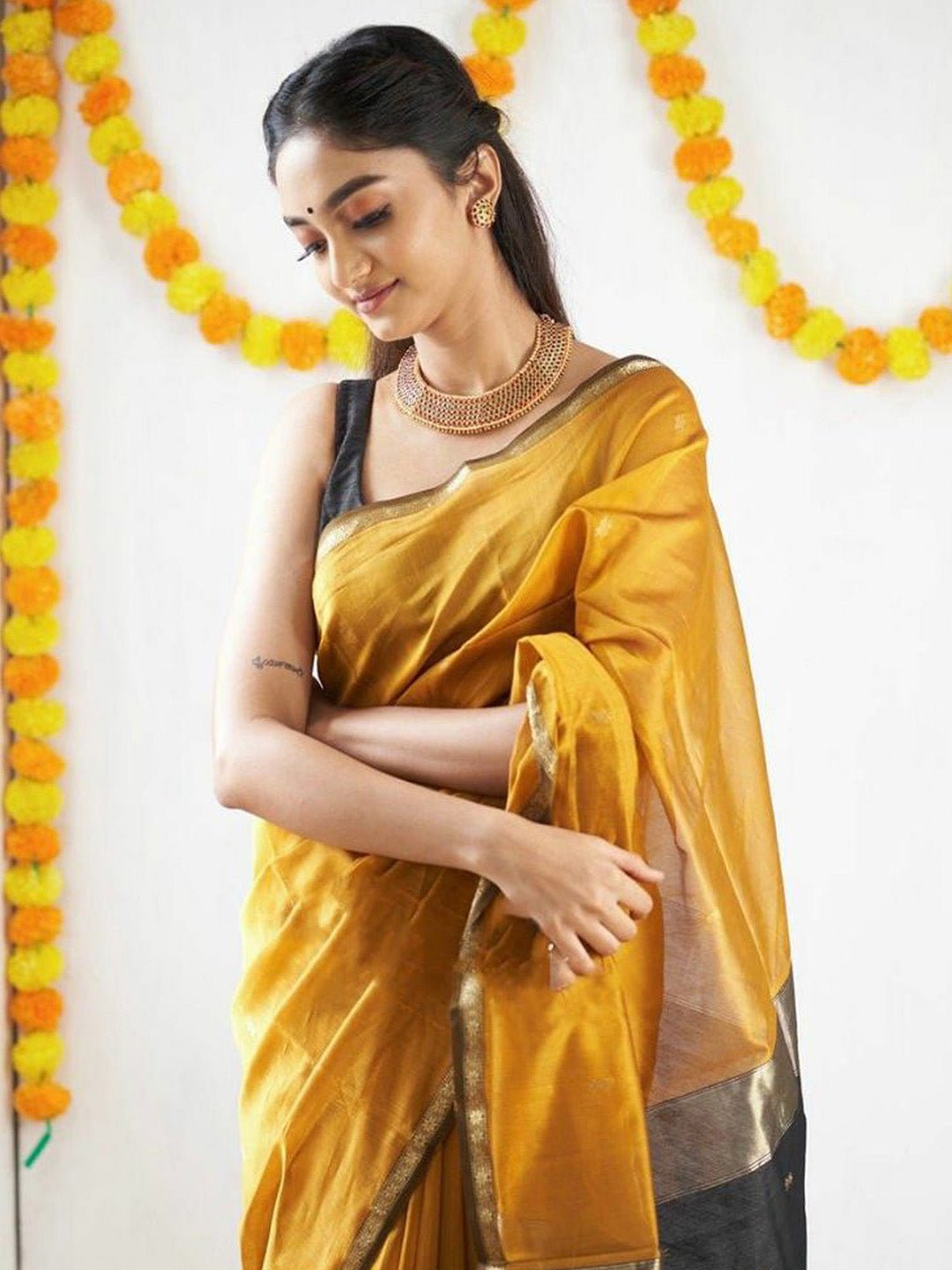 Mustard Yellow Handloom Silk Saree - Ressa