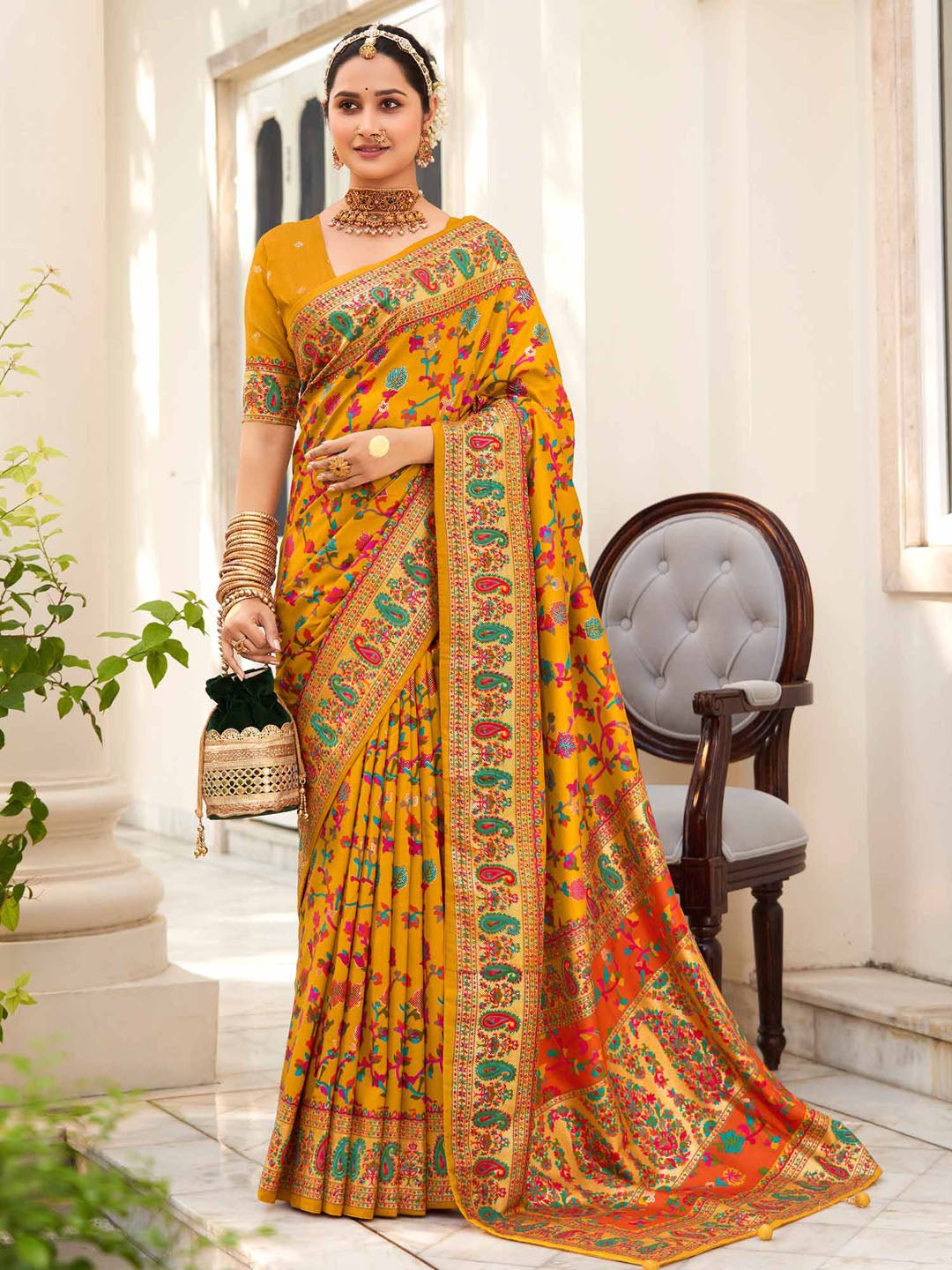 Mustard Yellow Kashmiri Silk Saree - Ressa